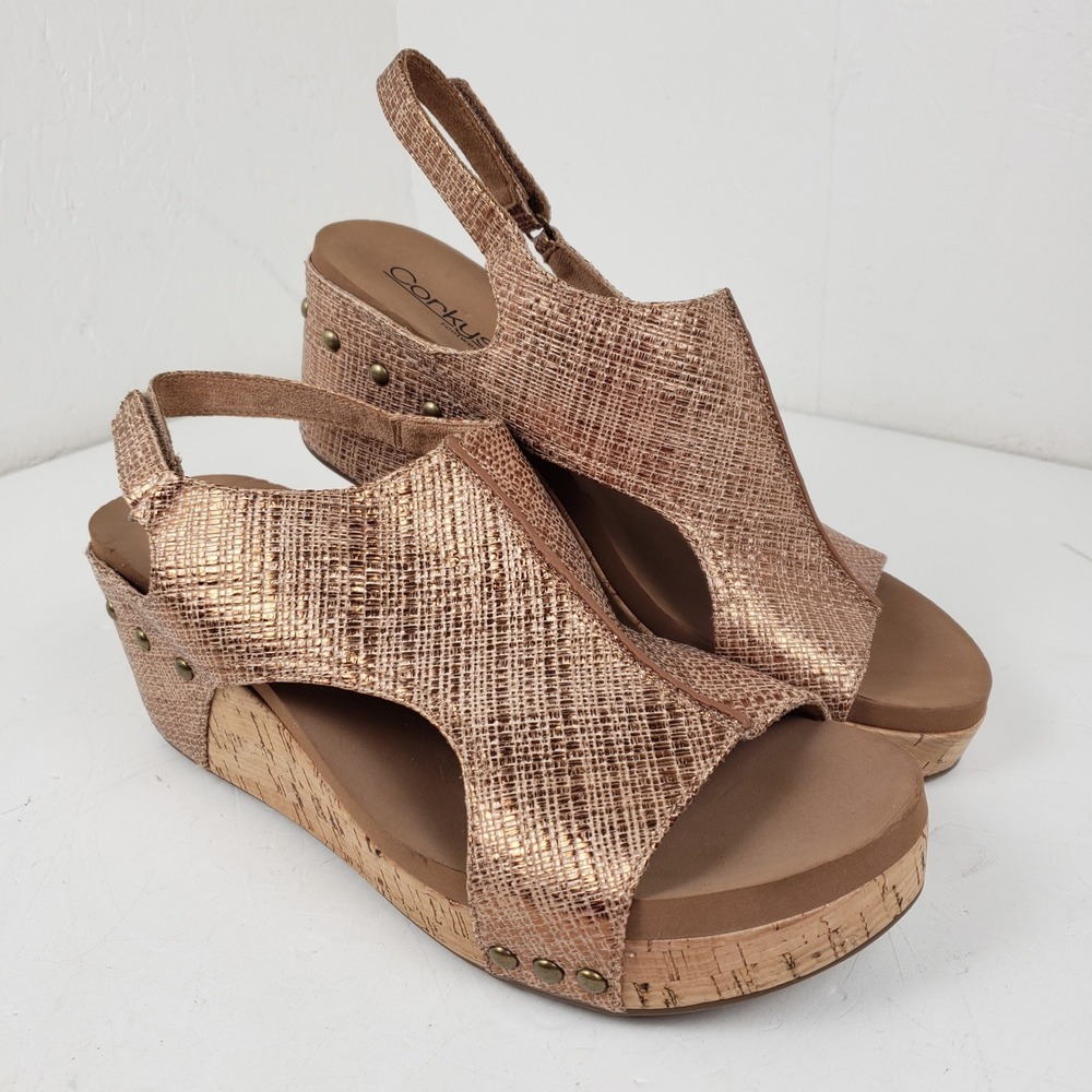 Corkys Carley Rose Gold Metallic Textured Wedge Slingback Sandals Studded 11